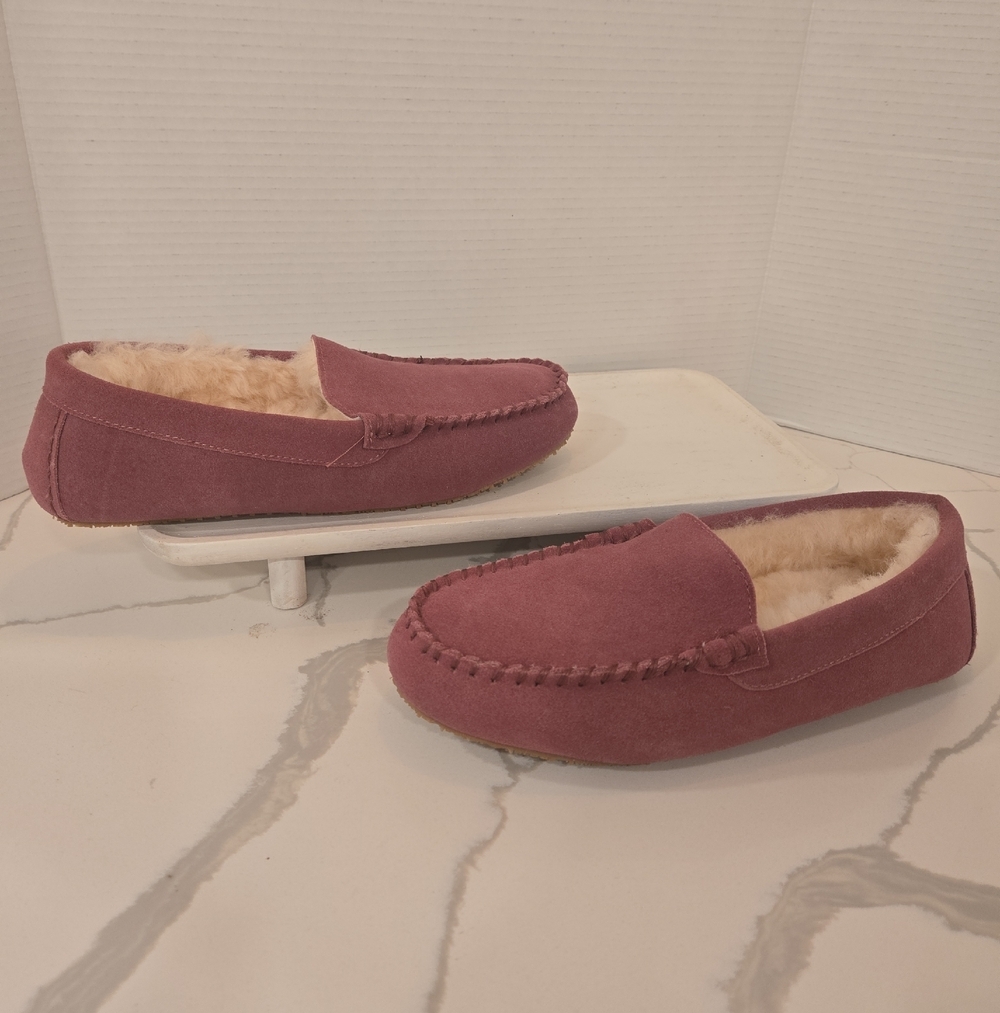 The Vermont Country Store Suede Leather Shearling Slippers Mauve Womens 10
